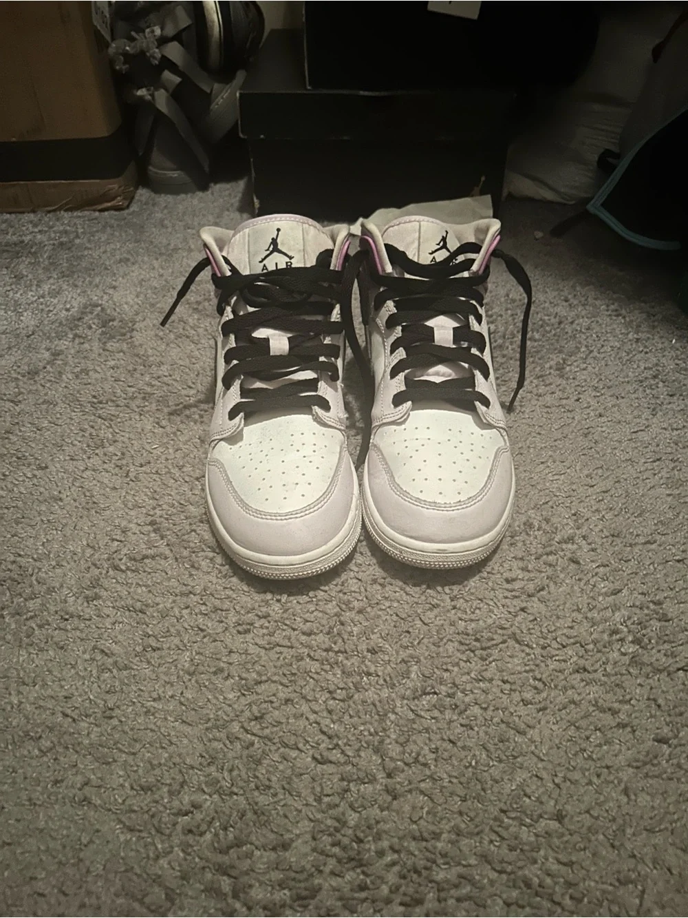Jordan White and Light Pink High-Top Sneakers with Black Laces